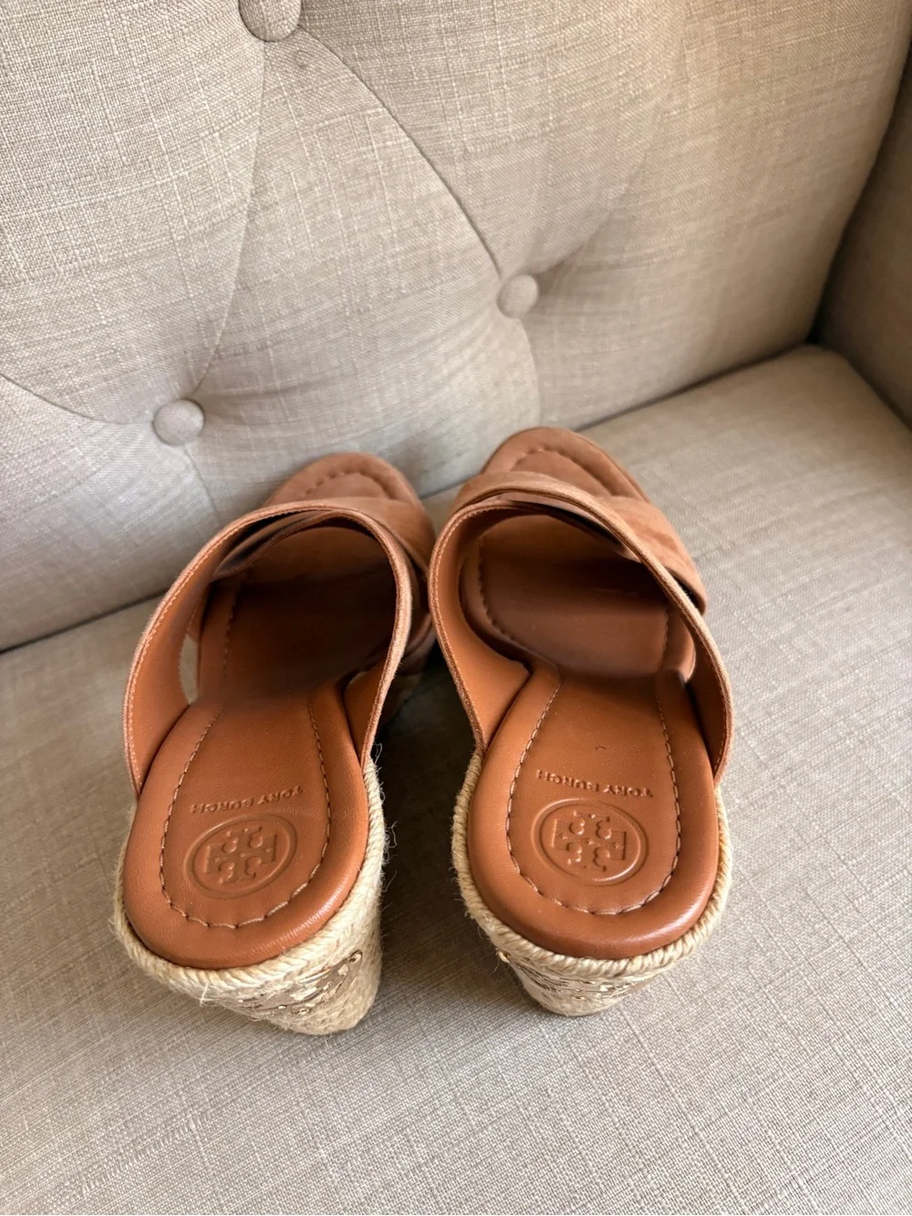 Tory Burch Tan Suede Crisscross Wedge Slides- NEW